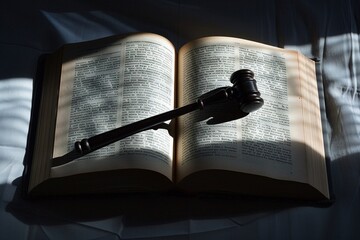 An open law book casting a shadow of a gavel, representing the underlying authority of legal texts - obrazy, fototapety, plakaty