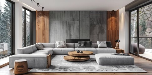 Fototapeta na wymiar Modern fireplace living room, modern minimalist living room