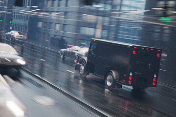 High-Speed Armored Vehicle Manoeuvring Wet Urban Road in Heavy Rain