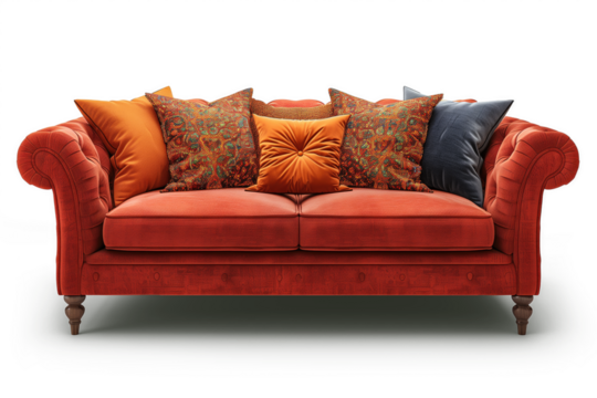 Stylish comfortable red classic couch with cushions isolated on transparent background. Classic and cozy Interior furniture, interior design element.