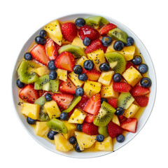 Fruit salad with an assortment of tropical fruits, including pineapple, strawberries, and kiwi on a white plate.