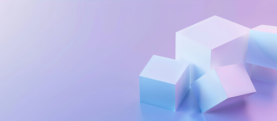 3D render of white cubes on a transparent background, with a blue and purple gradient. The minimalistic design has a sense of technology, using simple geometric shapes. 