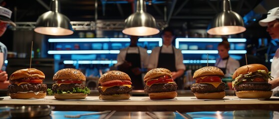 Burgers being judged by a panel of celebrity chefs in a TV show setting - obrazy, fototapety, plakaty