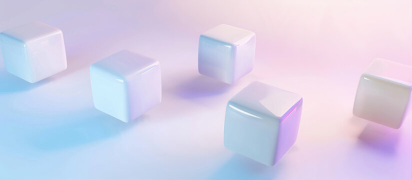 3D render of white cubes on a transparent background, with a blue and purple gradient. The minimalistic design has a sense of technology, using simple geometric shapes. 