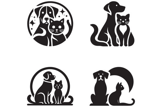 dog and cat icon silhouette white background