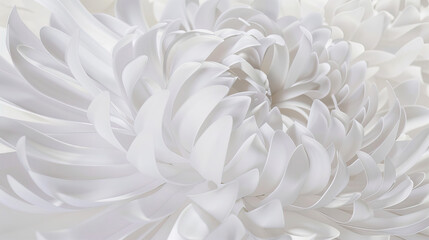 White background, a large white flower with petals made of a paper texture, 3D rendering, a closeup of the center part showing petal and leaf details, a geometric style, light blue and gray, macro pho