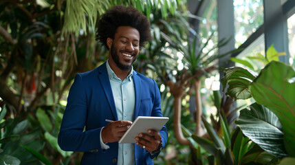 Homem afro vestindo um terno azul segurando um tablet em um escritório cheio de plantas - Conceito de sustentabilidade - obrazy, fototapety, plakaty