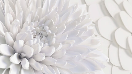Fototapeta na wymiar White background, a large white flower with petals made of a paper texture, 3D rendering, a closeup of the center part showing petal and leaf details, a geometric style, light blue and gray, macro pho