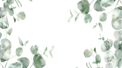 Obraz premium watercolor eucalyptus garland frame, simple and clean design, white background, in the style of clipart with empty space in the middle for text, soft green color palette 