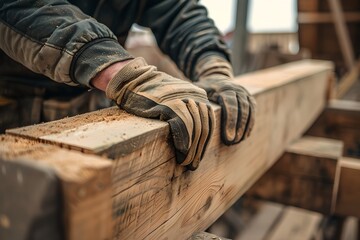 Close-up of hands working with wood in a workshop. Detail and craftsmanship. Raw timber and gloves. Careful manual labor. Generative AI - obrazy, fototapety, plakaty