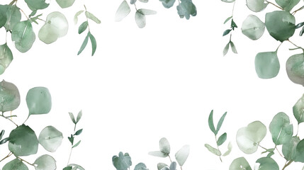 watercolor eucalyptus garland frame, simple and clean design, white background, in the style of clipart with empty space in the middle for text, soft green color palette 
