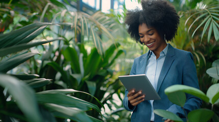 Mulher afro vestindo um terno azul segurando um tablet em um escritório cheio de plantas - Conceito de sustentabilidade - obrazy, fototapety, plakaty