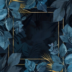 watercolor blue leaves and flowers framed on a dark background, with a gold square shape in the middle of the design and empty space for text or graphics.