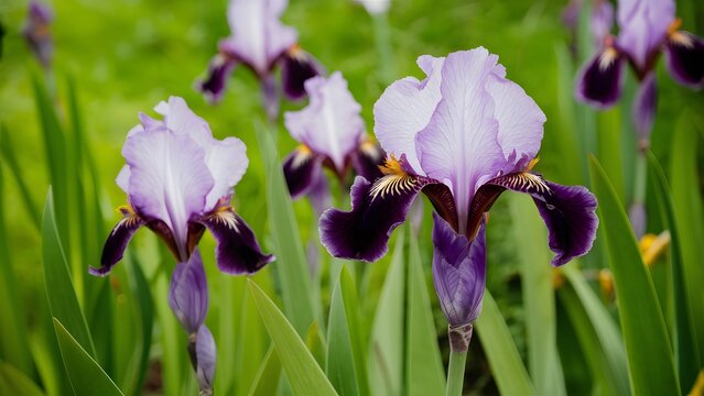 Garden background containing green violet, beautiful bearded iris flower