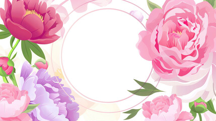 round label with pink and fuchsia peonies on a white background in the style of a vector illustration. The flat design features white space in the center of a circular frame with very detailed