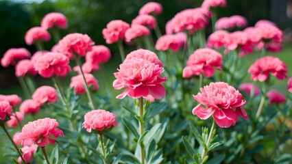 Fototapeta premium Gardening concept blurred background with dianthus flowers in summer garden