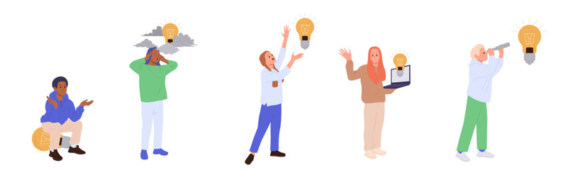 Pensive people cartoon characters having problem with ideas thinking searching solution isolated set