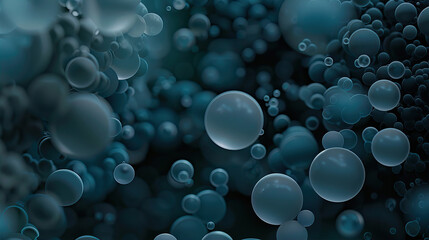 A background of blue and gray spheres, forming an abstract pattern with white dots on the black...