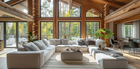 Fototapeta na wymiar Living room interior in beautiful new luxury home, bright modern minimalist style, with replica space.