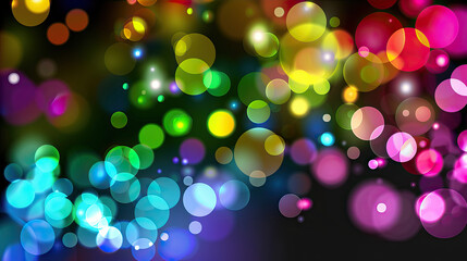 Obraz na płótnie Canvas Blurred multicolored lights on a black background with space for text or message. A rainbow bokeh light effect. An abstract background of blurred rainbow lights. A design element.