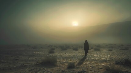 Solitary figure in a desert at dusk. Surreal and mysterious landscape.