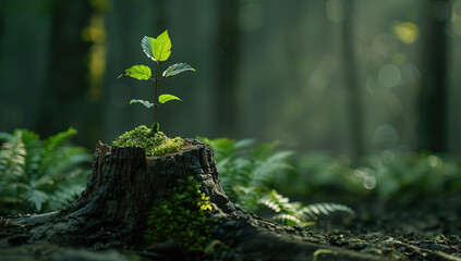 Young tree emerging from old stump in green forest.New life and hope concept.Macro.AI Generative
