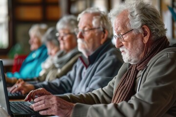 Group of elderly people attending an online course, taking notes on laptops in a community center - obrazy, fototapety, plakaty