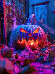 Gothic gourd, a sinister carved pumpkin amidst neon for thriller book art