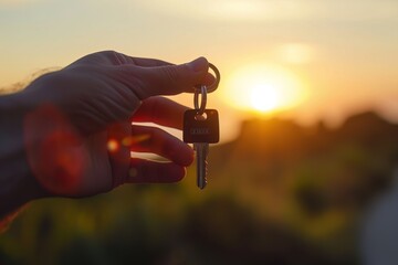 Hand offers house keys with sunrise backdrop, signaling fresh beginnings in realty - obrazy, fototapety, plakaty