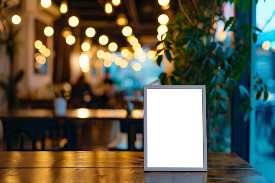 Mockup blank menu frame on wooden table in restaurant on blurred restaurant background with space for text or inscriptions
