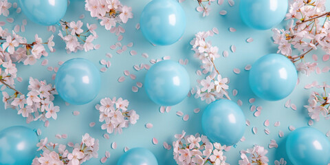 Blue Easter Eggs and Cherry Blossoms on a Blue Background, Spring Flat Lay with Top View and Floral Decoration