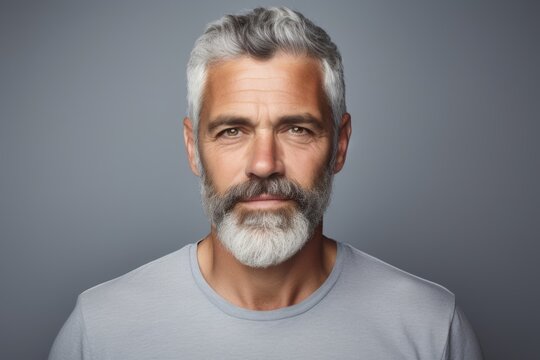 Handsome mature man with grey beard and mustache looking at camera while standing against grey background