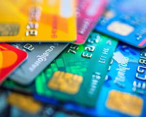 Macro shot of credit cards, the colorful emblems of modern financial power