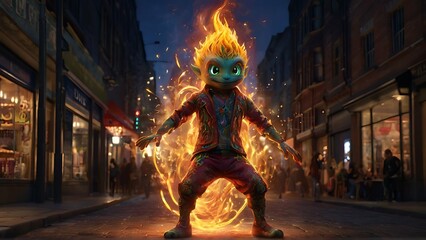 In a bustling cityscape, a mischievously flamboyant Fire Sprite dances with abandon, clad in shimmering embers that flicker like tiny flames. This imaginative character concept would be best suited fo - obrazy, fototapety, plakaty