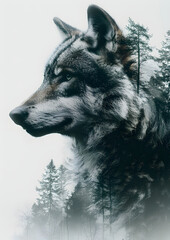 Double Exposure Wolf in Forest
