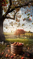 Rustic Basket Full of Red Apples Under a Sunlit Tree in a Pastoral Orchard at Sunset - 767175593