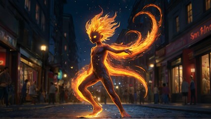 In a bustling cityscape, a mischievously flamboyant Fire Sprite dances with abandon, clad in shimmering embers that flicker like tiny flames. This imaginative character concept would be best suited fo