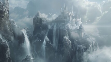A crystalline castle perched atop a misty mountain peak, surrounded by cascading waterfalls and guarded by mythical griffins with shimmering plumage - obrazy, fototapety, plakaty