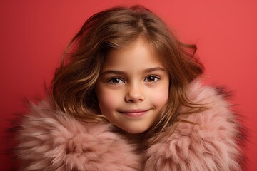 Portrait of a cute little girl in a pink fur coat. - Powered by Adobe