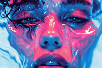 Surreal portrait of a woman with flowing blue and pink water creating a mesmerizing and ethereal effect