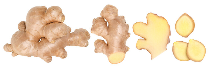   Fresh ginger rhizome, Half and  slice isolated, transparent PNG, collection, PNG format, cut out, Close-up