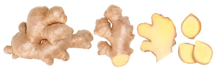   Fresh ginger rhizome, Half and  slice isolated, transparent PNG, collection, PNG format, cut out,...
