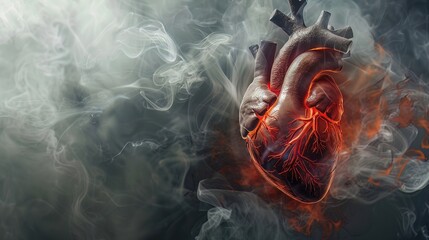 Smoky tendrils enveloping a heart model to depict cardiac risks - obrazy, fototapety, plakaty