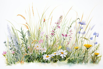 line of grass with wild flowers in watercolor design generative ai - 767176180
