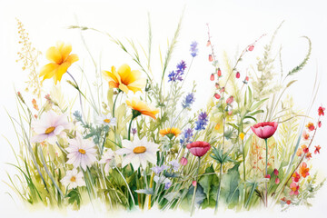 line of grass with wild flowers in watercolor design generative ai - 767176182