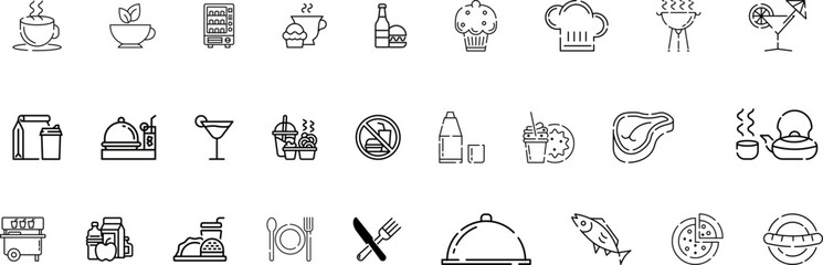 Food courts icons set. Outline set of food courts vector icons for web design isolated on transparent background - obrazy, fototapety, plakaty