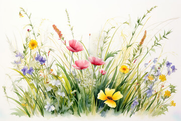 line of grass with wild flowers in watercolor design generative ai - 767176197