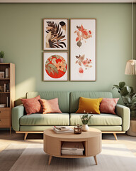 Elegant living room interior with green walls wooden furniture and floral artwork