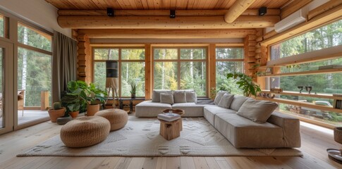 Fototapeta na wymiar Living room interior in beautiful new luxury home, bright modern minimalist style, with replica space.