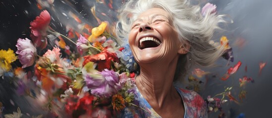 The elderly womans eyes filled with joy as she smiled and gestured happily while holding a bouquet of flowers, clearly enjoying the fun event surrounded by lush green grass and vibrant plants